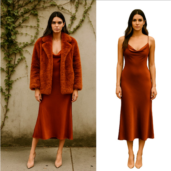 Anthropologie Good American S Silky Slip Dress w MATCHING Fur Coat Rust Brown - Picture 1 of 15
